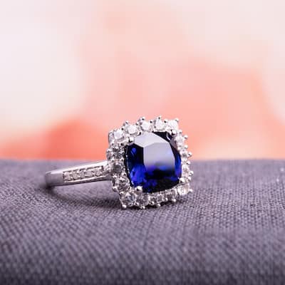 Miadora Sterling Silver Cushion-cut Created Blue and White Sapphire with Diamond Accents Square Halo Engagement Ring