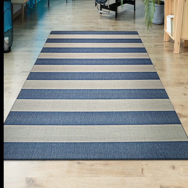 Shop Hampton Striped BlueCream Indoor/Outdoor Area Rug 9'2" x 12'5" Overstock 10426150
