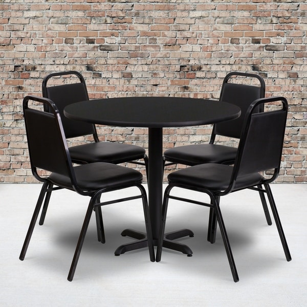 36'' Round Laminate Table Set with 4 Trapezoidal Back Banquet Chairs