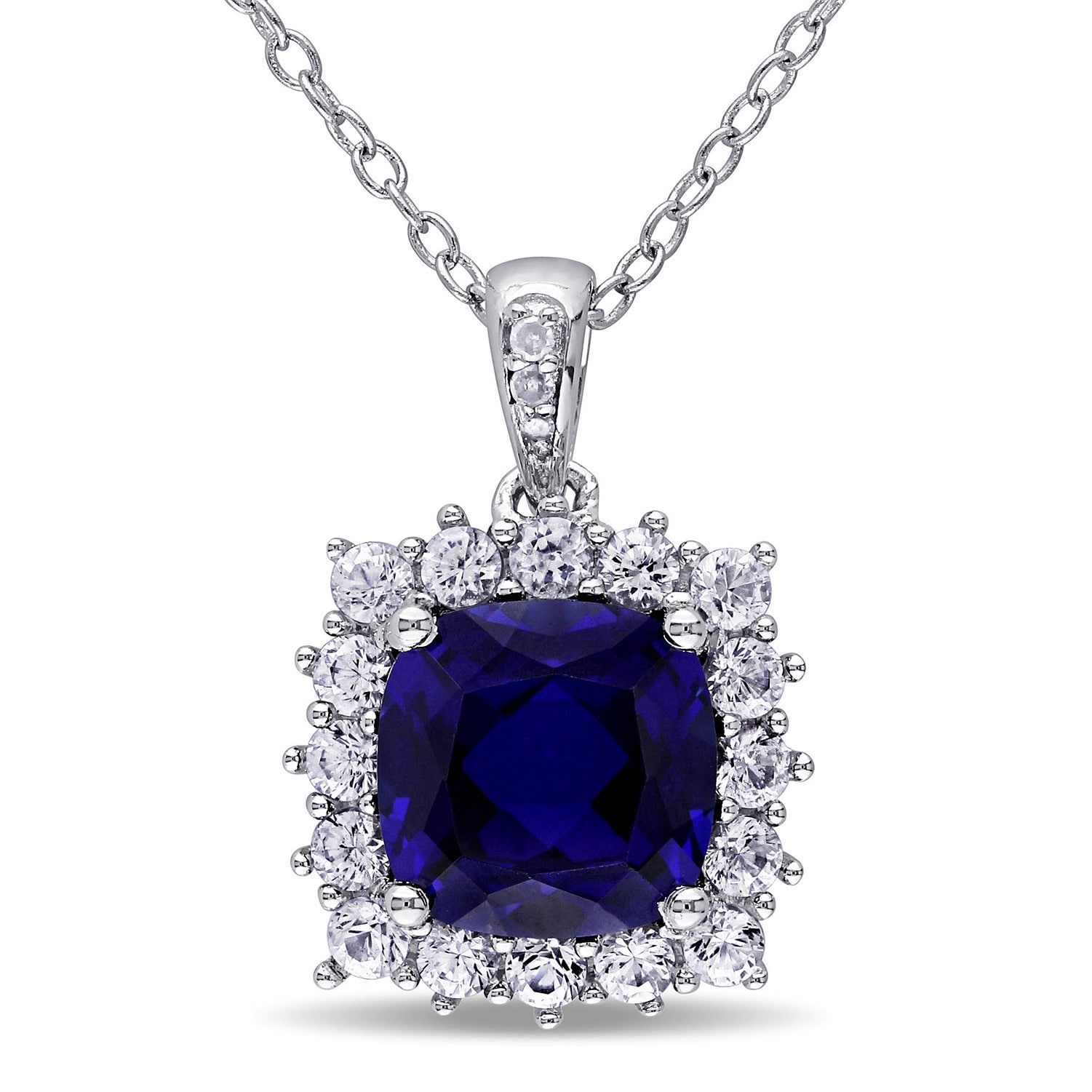 Miadora Sterling Silver Created Blue and White Sapphire Diamond Accent Halo Necklace