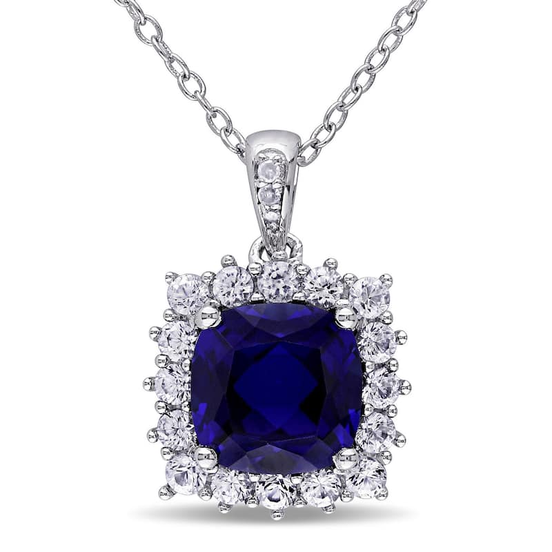 Miadora Sterling Silver Created Blue and White Sapphire Diamond Accent Halo Necklace