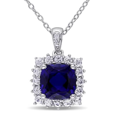Miadora Sterling Silver Created Blue and White Sapphire Diamond Accent Halo Necklace