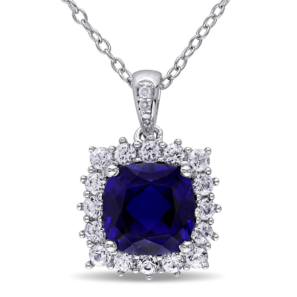 Miadora Sterling Silver Created Blue and White Sapphire Diamond Accent Halo Necklace
