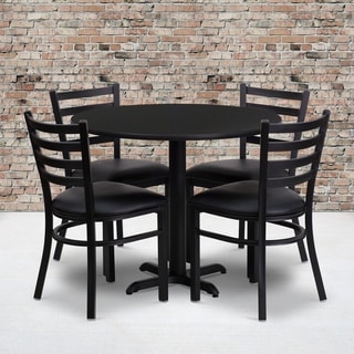 Lancaster Home 36 Round Laminate Table Set with 4 Ladder Back Metal Chairs (black top/black vinyl seat)