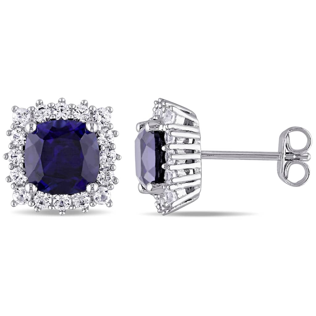 Miadora Sterling Silver Created Blue and White Sapphire Square Halo Birthstone Stud Earrings