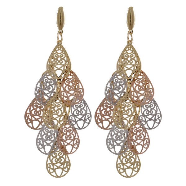 Luxiro Tri Color Gold Finish Filigree Teardrop Chandelier Luxiro Tri Color Gold Finish Filigree Teardrop Chandelier Dangle Earrings Silver