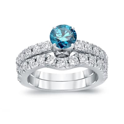 Auriya 14k Gold 1 1/2ctw Round Blue Diamond Engagement Ring Set