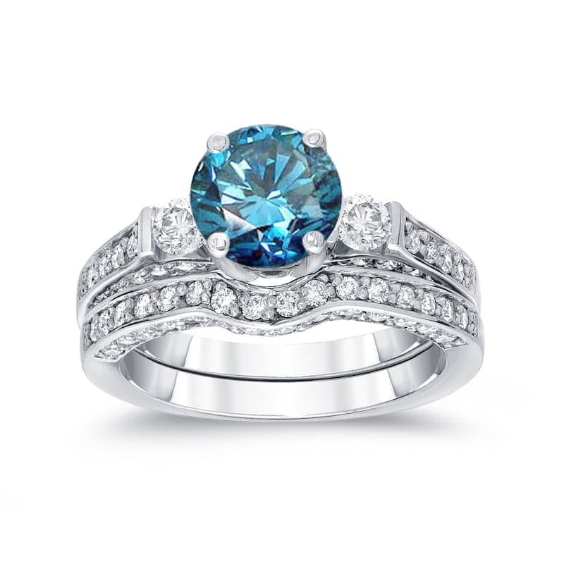 Auriya 14k Gold 2ctw 3-Stone Blue Diamond Engagement Ring Set