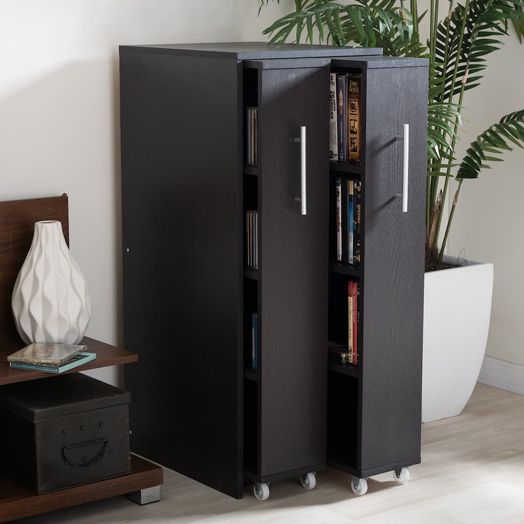 Baxton Studio Lindo Dark Brown Wood Bookcase with Two Pulled-out Doors Shelving Cabinet