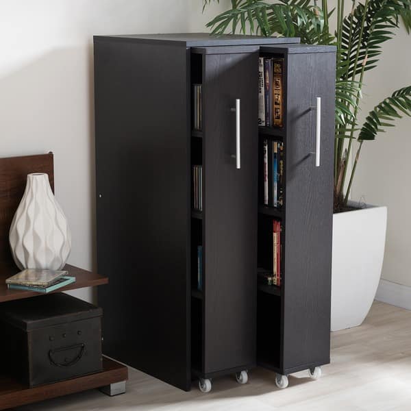 Baxton Studio Lindo Dark Brown Wood Bookcase with One Pulled-out Door Shelving Cabinet
