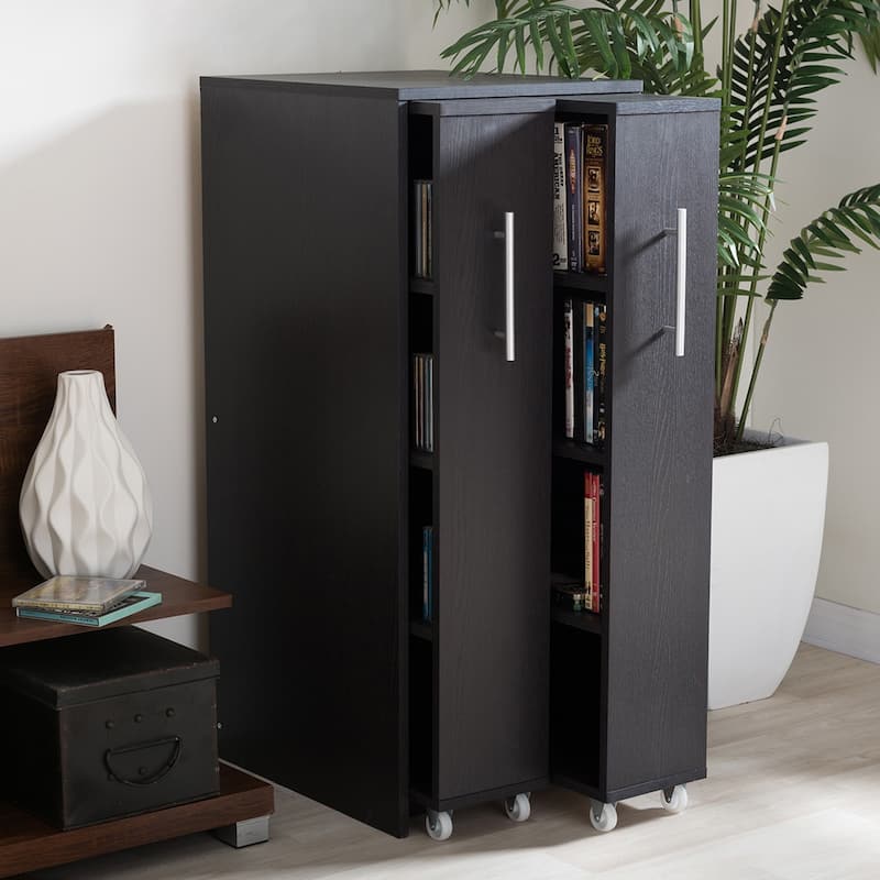Baxton Studio Lindo Dark Brown Wood Bookcase with Two Pulled-out Doors Shelving Cabinet
