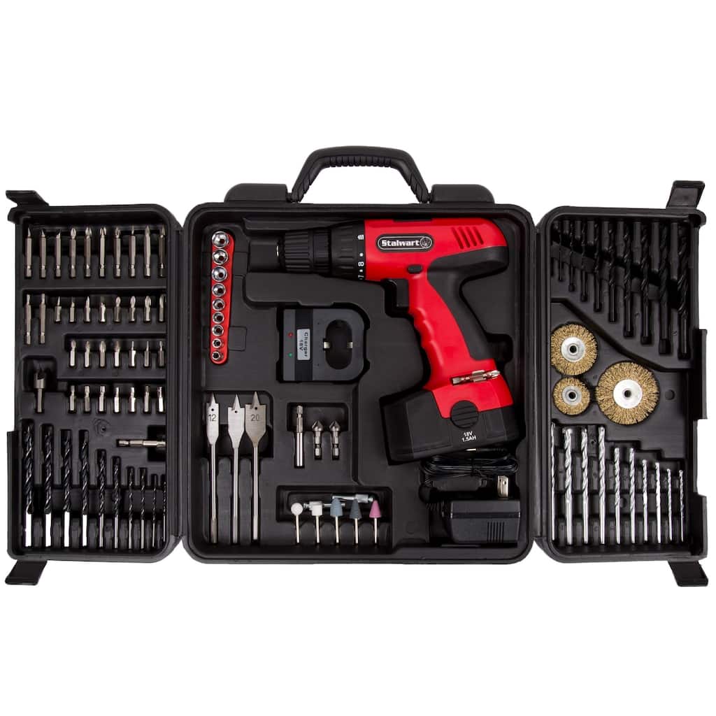 18V Cordless Power Drill Set - 89-Piece Kit with Rechargeable Battery and Charger - Includes Assorted Tools by Stalwart (Red)