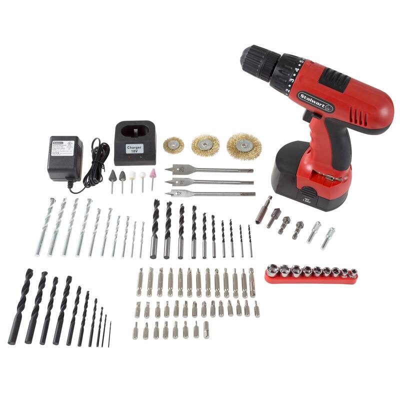 18V Cordless Power Drill Set - 89-Piece Kit with Rechargeable Battery and Charger - Includes Assorted Tools by Stalwart (Red)