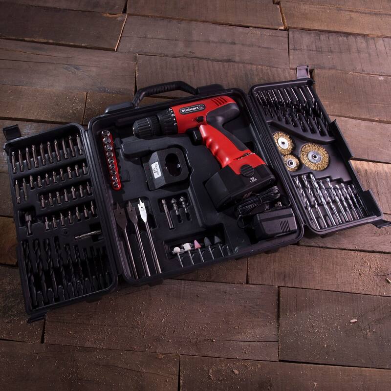 18V Cordless Power Drill Set - 89-Piece Kit with Rechargeable Battery and Charger - Includes Assorted Tools by Stalwart (Red)