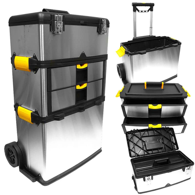 3-Part Portable Tool Box - Stainless-Steel Drawer Organizer with Wheels - Rolling Tool Chest by Stalwart (Silver)