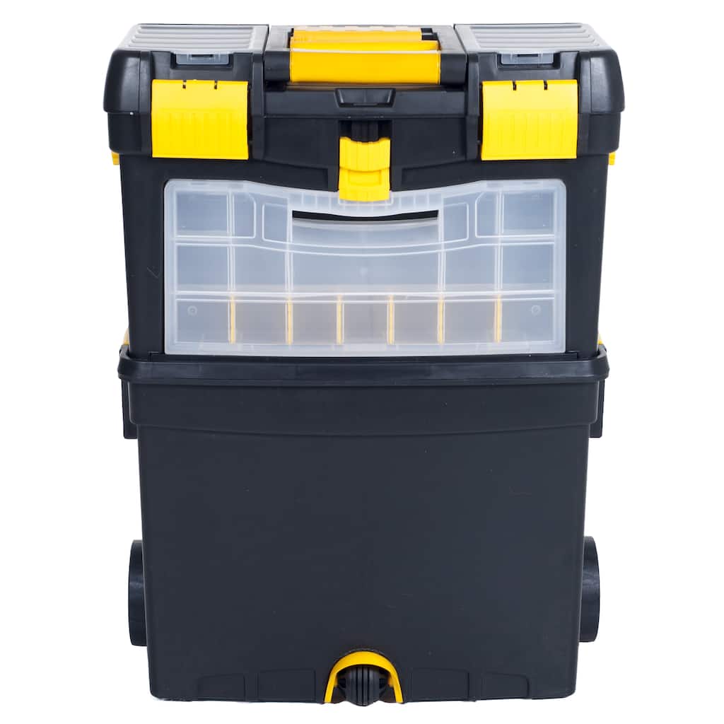 Portable Toolbox with Wheels - Stackable Tool Chest with Drawers - Mobile Utility Cart with Grip Handle by Stalwart (Black)