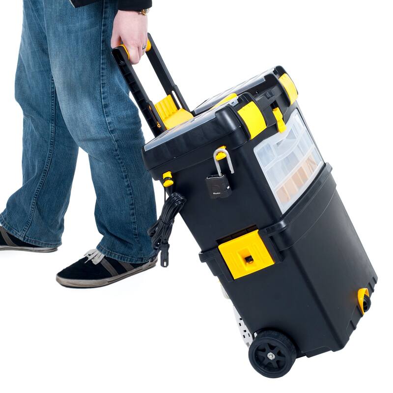 Portable Toolbox with Wheels - Stackable Tool Chest with Drawers - Mobile Utility Cart with Grip Handle by Stalwart (Black)