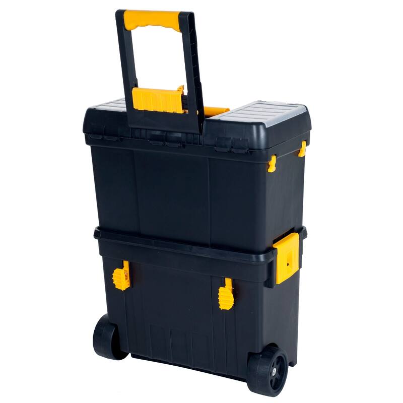 Portable Toolbox with Wheels - Stackable Tool Chest with Drawers - Mobile Utility Cart with Grip Handle by Stalwart (Black)