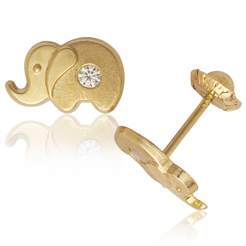 Curata 14k Yellow Gold Cubic Zirconia Elephant Screw Back Earrings - White - Clear - White - Yellow