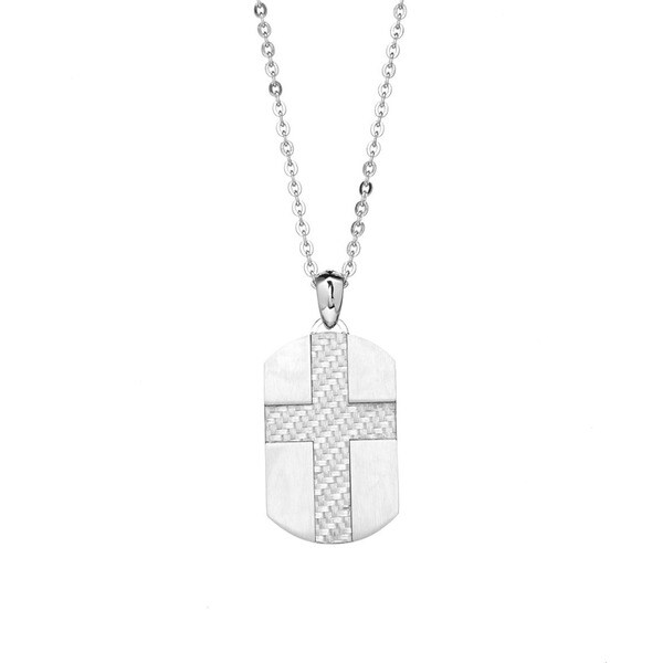 James Cavolini Stainless Steel Carbon Fiber Cross Dog Tag Pendant Necklace