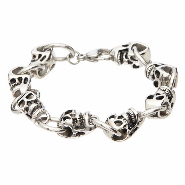 Heavy Stainless Steel Silver skull head in row Chain Link Bracelet Men/'s Jewelry