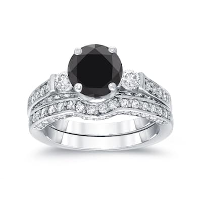 Auriya 2 carat TW Round 3 Stone Black Diamond Engagement Ring Set 14k Gold