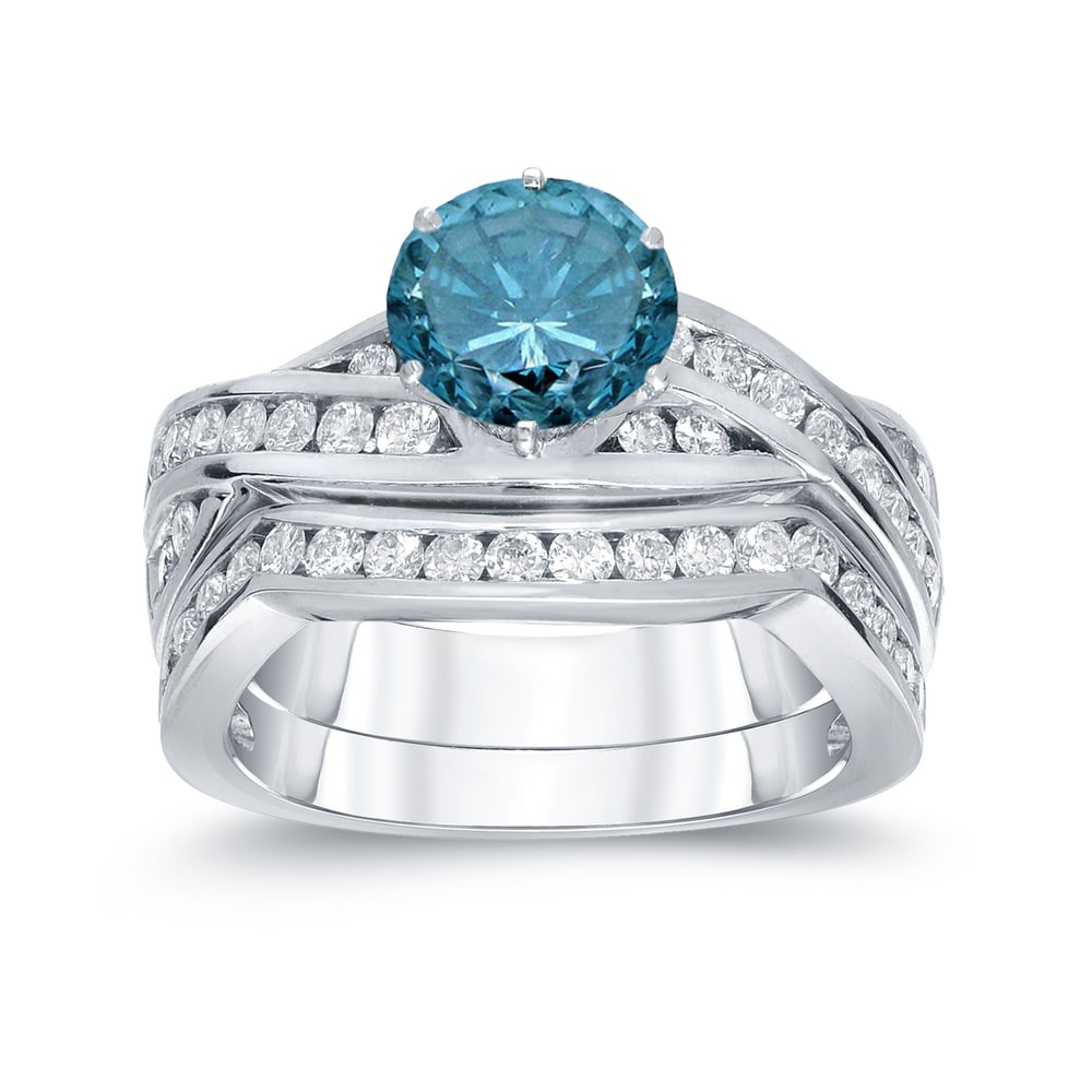 Auriya 14k Gold 2ctw Modern Blue Diamond Engagement Ring Set