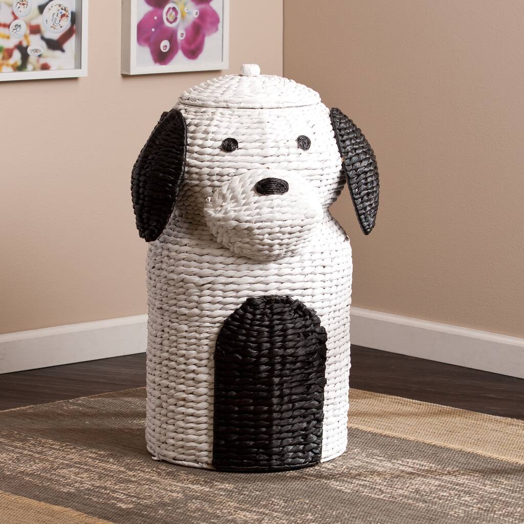 SEI Furniture White and Black Woven Puppy Laundry Hamper