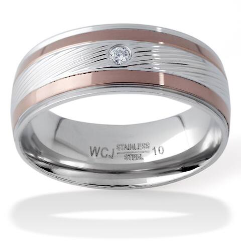 Men's Two-Tone Stainless Steel Cubic Zirconia Grooved Ring