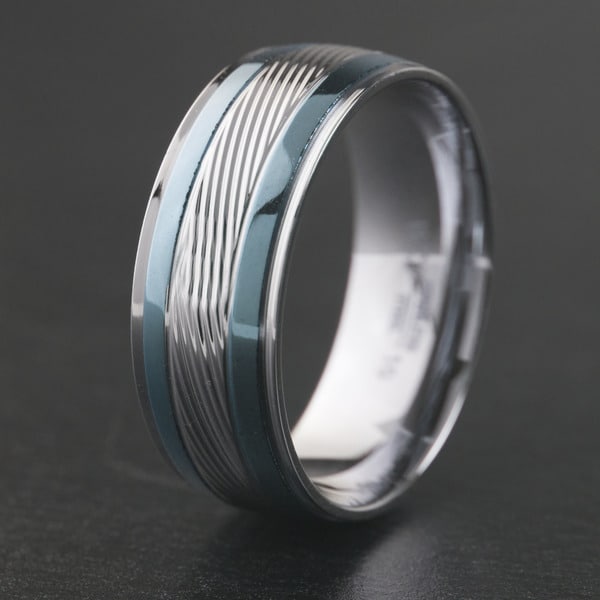 Stainless Steel Greek Key Striped Diagonal Grooved Comfort Fit Band Ring