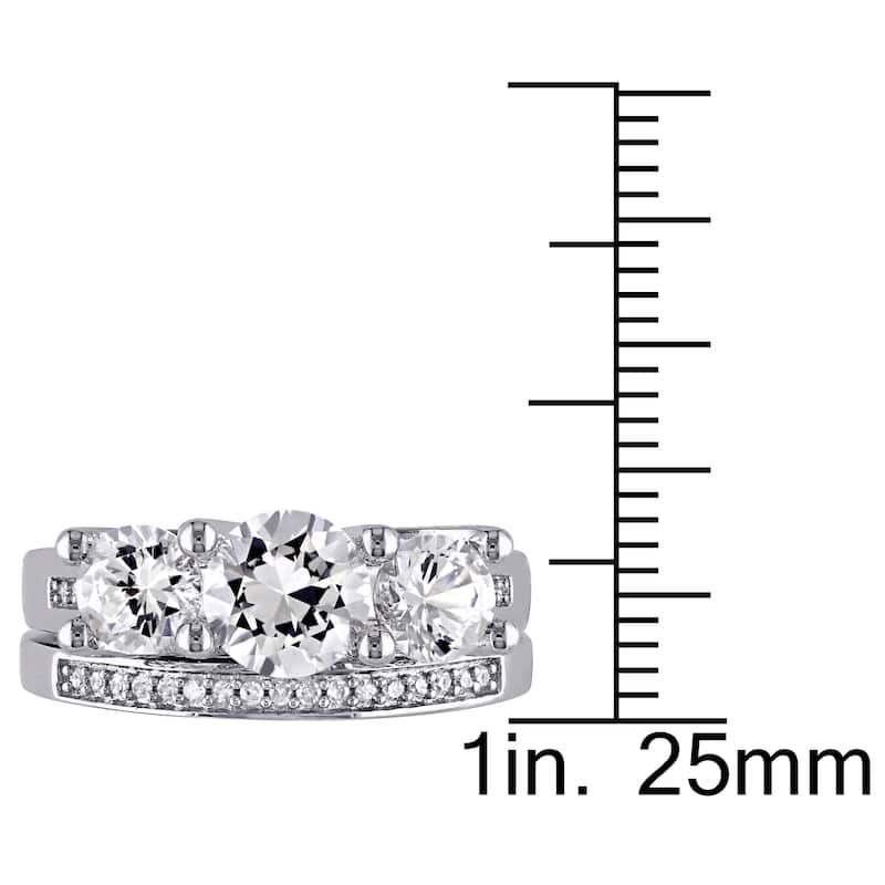 Miadora Created White Sapphire and 1/10ct TDW Diamond 3-Stone Bridal Set in 10k White Gold