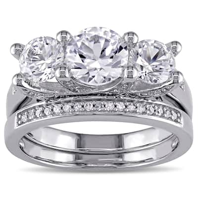 Miadora Created White Sapphire and 1/10ct TDW Diamond 3-Stone Bridal Set in 10k White Gold