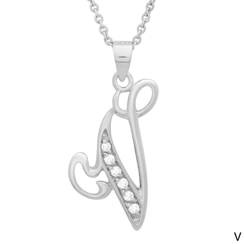Sterling Cubic Zirconia Script Initial Necklace by Roberto Martinez. - V