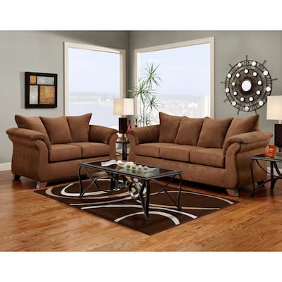 Roundhill Furniture Aruba Microfiber Pillow Back Sofa and Loveseat Set, Chocolate