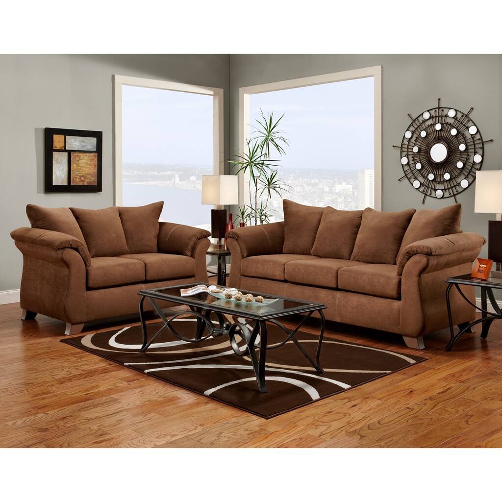Roundhill Furniture Aruba Microfiber Pillow Back Sofa and Loveseat Set, Chocolate