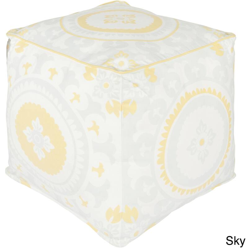 KD Spain: Floral Hart Square Cotton 18-inch Pouf - Sky Blue