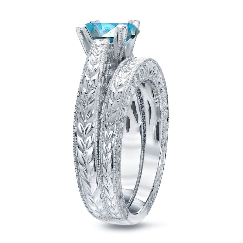 Auriya 14k Gold 1ctw Vintage Solitaire Blue Diamond Engagement Ring Set