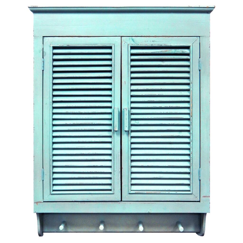 Louvered Wall Cabinet, Distressed Cottage Blue Finish