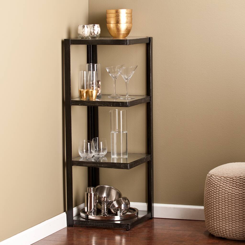 SEI Furniture Distressed Black Metal and Glass Corner Shelf