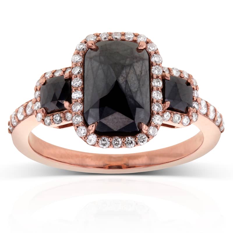 Kobelli 3.46 Carat Black & White Diamond 14k Solid Rose Gold Elongated Cushion Triple Halo Three Stone Ring - 7
