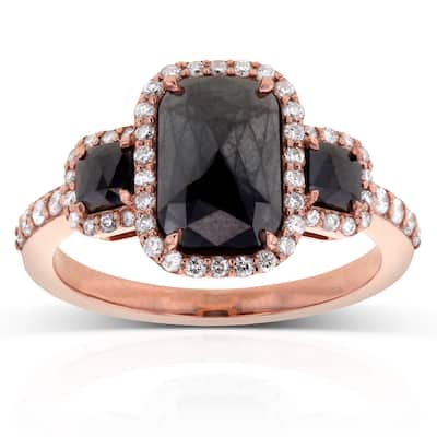 Kobelli 3.46 Carat Black & White Diamond 14k Solid Rose Gold Elongated Cushion Triple Halo Three Stone Ring