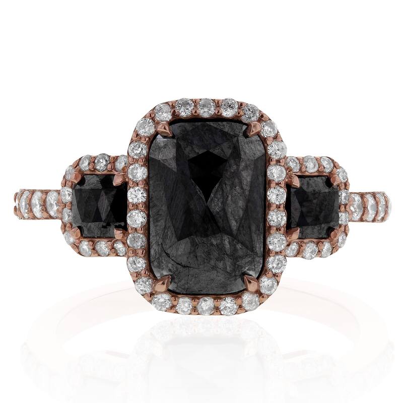 Kobelli 3.46 Carat Black & White Diamond 14k Solid Rose Gold Elongated Cushion Triple Halo Three Stone Ring