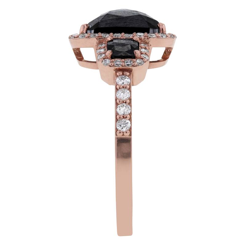 Kobelli 3.46 Carat Black & White Diamond 14k Solid Rose Gold Elongated Cushion Triple Halo Three Stone Ring