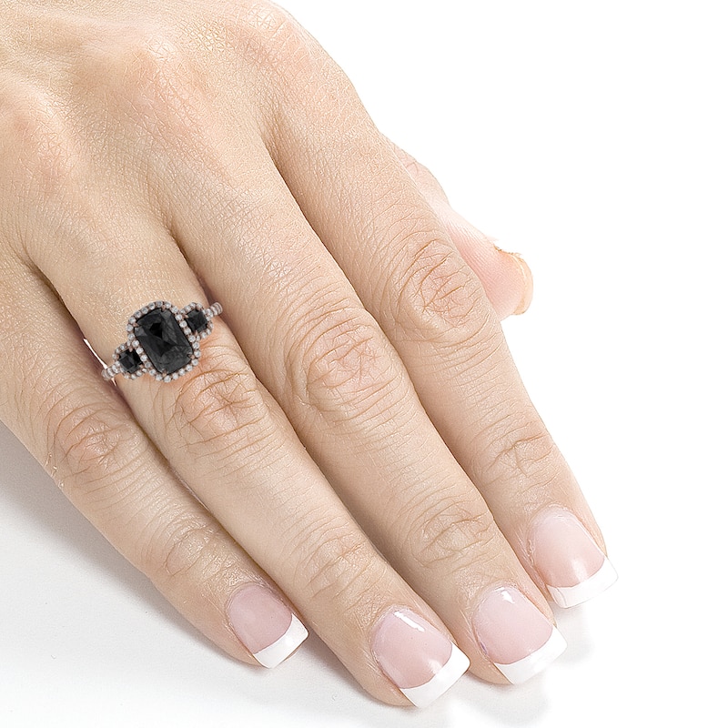 Kobelli 3.46 Carat Black & White Diamond 14k Solid Rose Gold Elongated Cushion Triple Halo Three Stone Ring