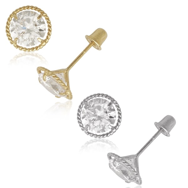 14k Yellow Or White Gold 6mm Cubic Zirconia Stud Rope Border 14k Yellow Or White Gold 6mm Cubic Zirconia Stud Rope Border Back Earrings