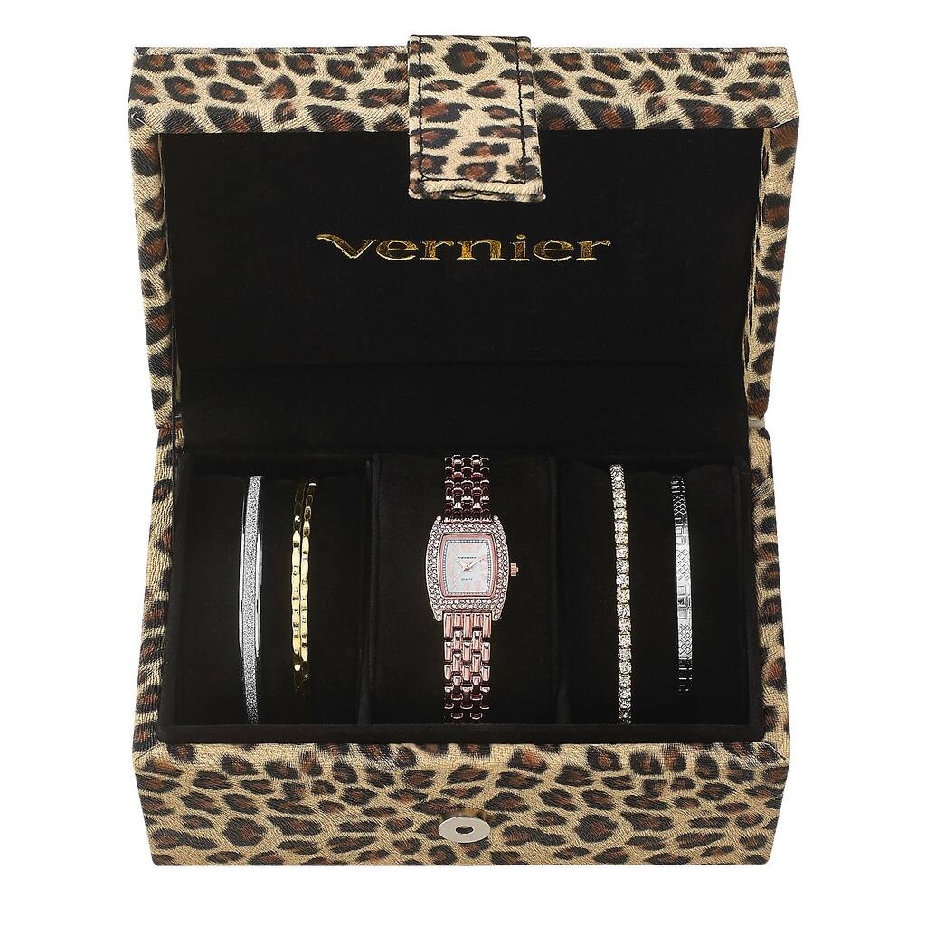 Vernier Women's Rosetone Stainless Steel V1000SET Watch and Cheetah Print Jewelry Box Set - Two-Tone