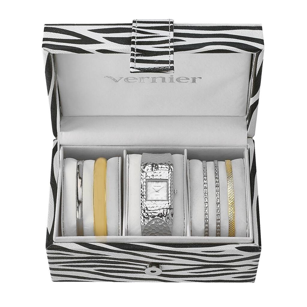 Vernier Women's Stainless Steel Watch and Zebra Print Jewelry Box Set - Silver