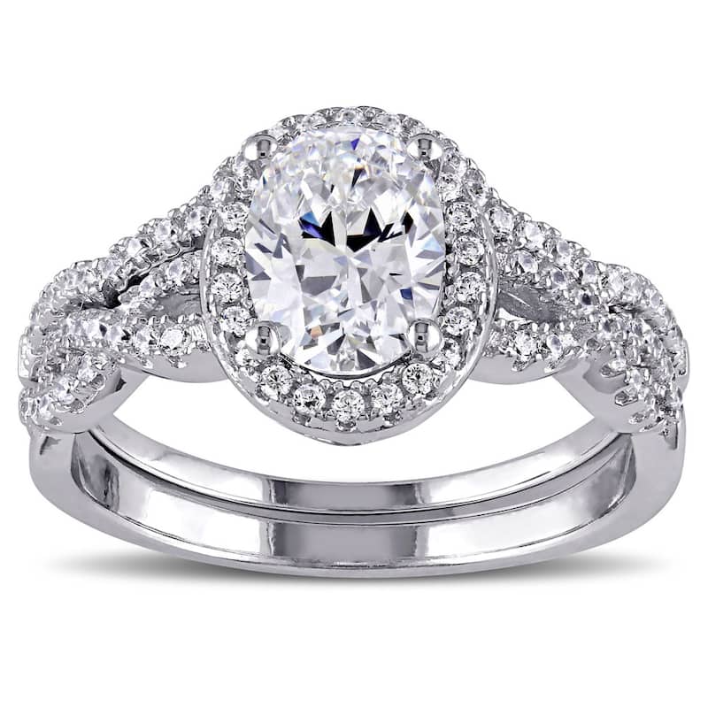 Miadora Sterling Silver Oval and Round-cut Cubic Zirconia Halo Bridal Ring set - 5