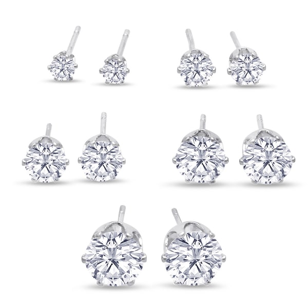 316L Surgical Stainless Steel Round Clear Cubic Zirconia Stud Earring set (5 Pairs) - White
