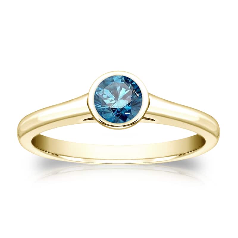 Auriya Round 1/3ctw Bezel Set Solitaire Blue Diamond Engagement Ring 14K Gold (I1-I2) - 4 - Yellow